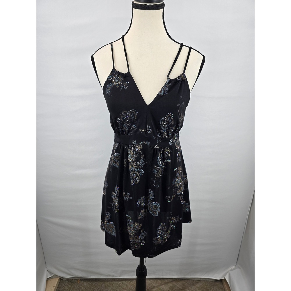 Meghan Noland Los Angeles Black Glitter Paisley Mini Dress Double Strap Womens L